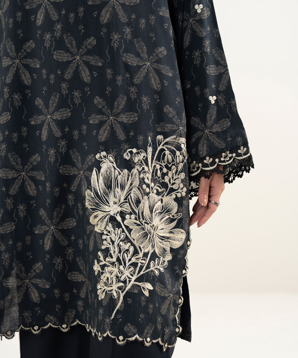 Women's RTW Viscose Raw Silk Embroidered Black Straight Shirt