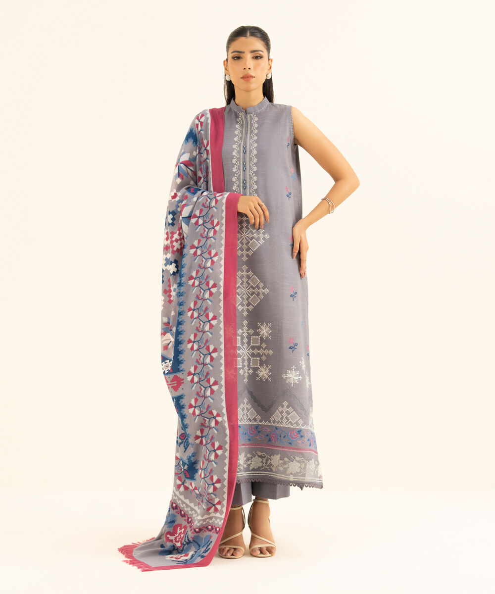 Women's Unstitched Twill Embroidered Grey 3 Piece Suit