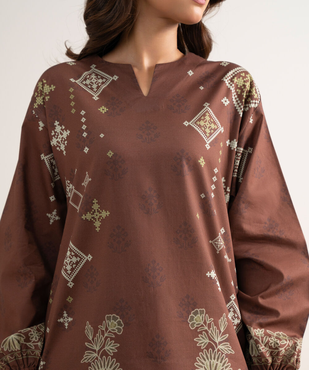 Women's Unstitched Printed Lawn Brown 3 Piece Suit