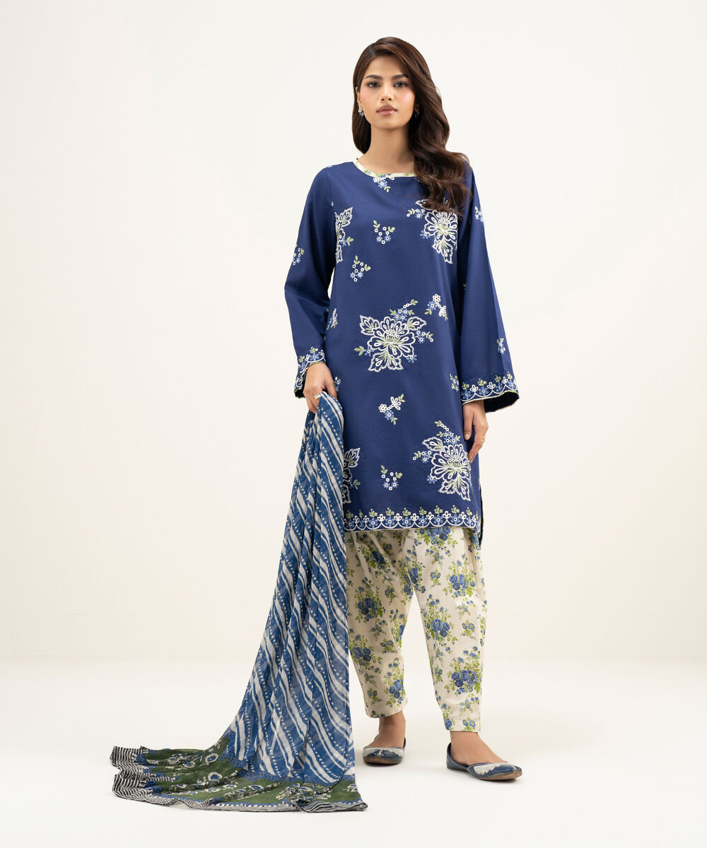 Women's RTW Dobby Embroidered Dark Blue 3 Piece Suit