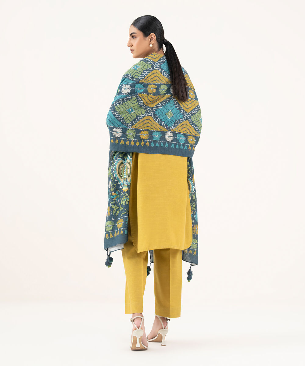 Women's Unstitched Cotton Embroidered Yellow 3 Piece Suit