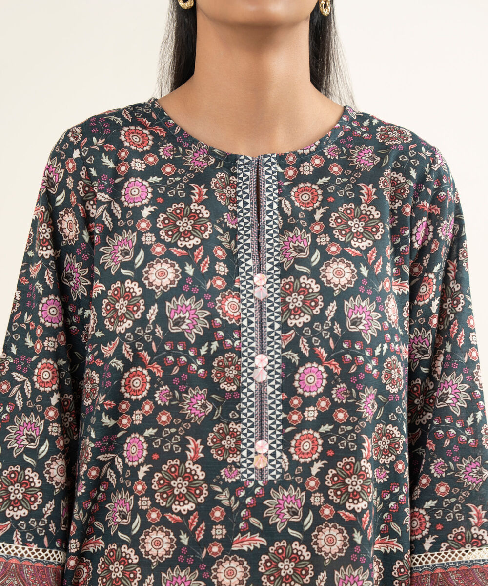 Women's RTW Khaddar Printed Dark Teal A-Line Shirt