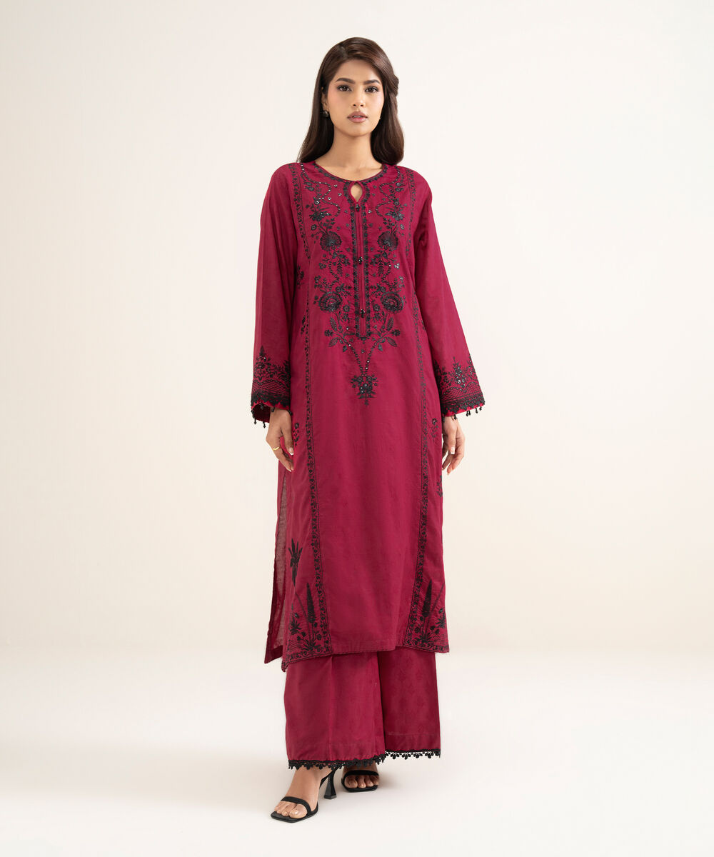 Women's RTW Self Jacquard Embroidered Red A-Line Shirt