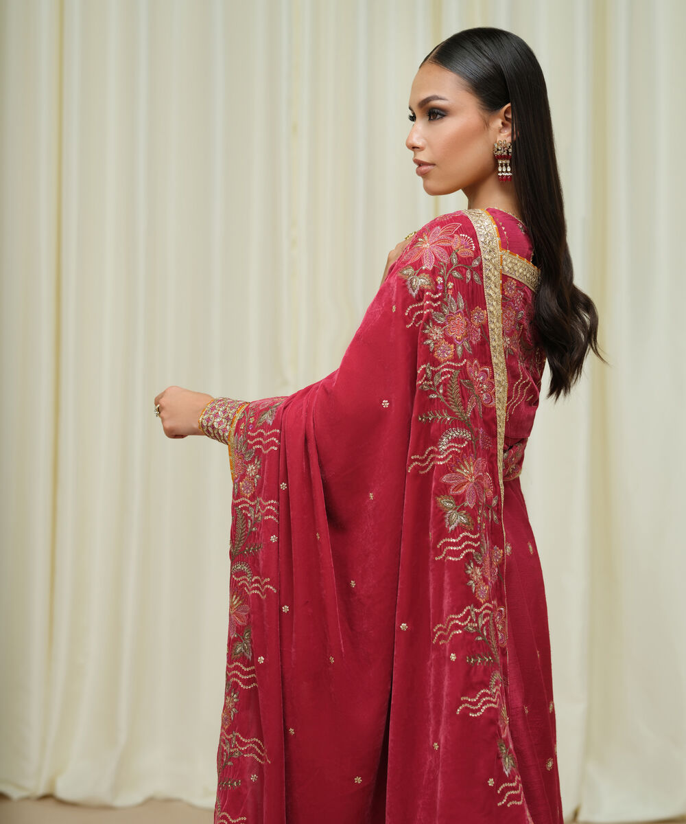 Women's Unstitched Raw Silk Embroidered Red 3 Piece Suit