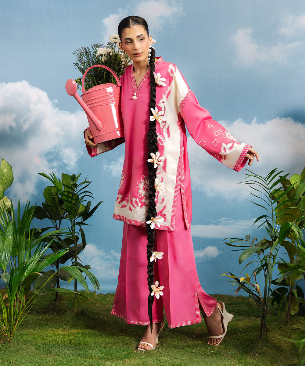 Women's RTW Cotton Satin Embroidered Pink 2 Piece Suit