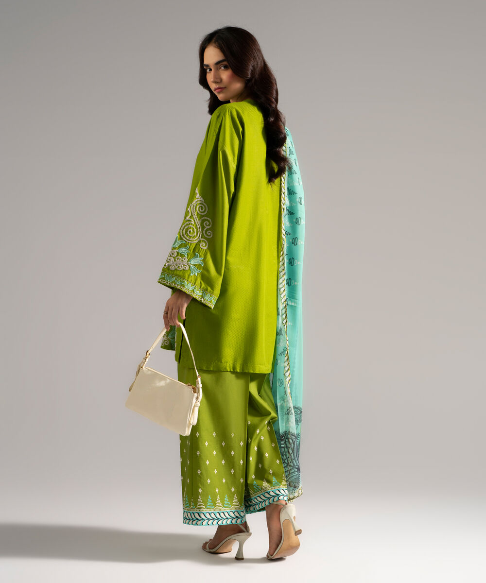 Women's RTW Dobby Embroidered Green 3 Piece Suit