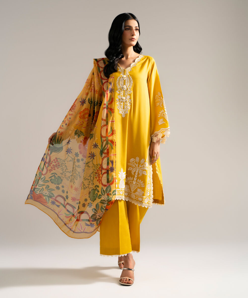 Women's RTW Dobby Crepe Embroidered Yellow 3 Piece Suit