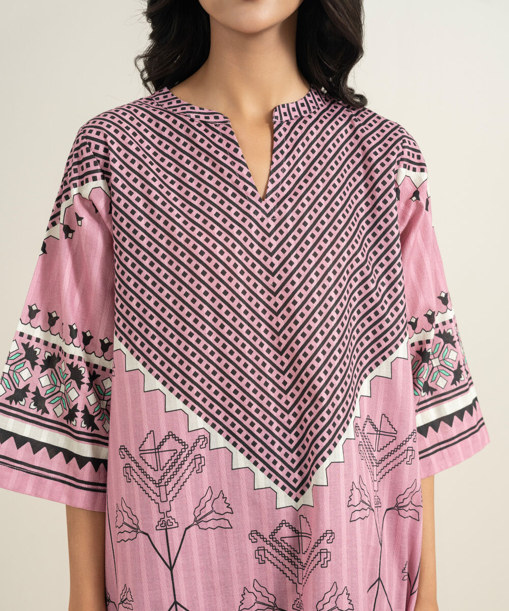 Women's RTW Textured Cotton Printed Pink A-Line Shirt