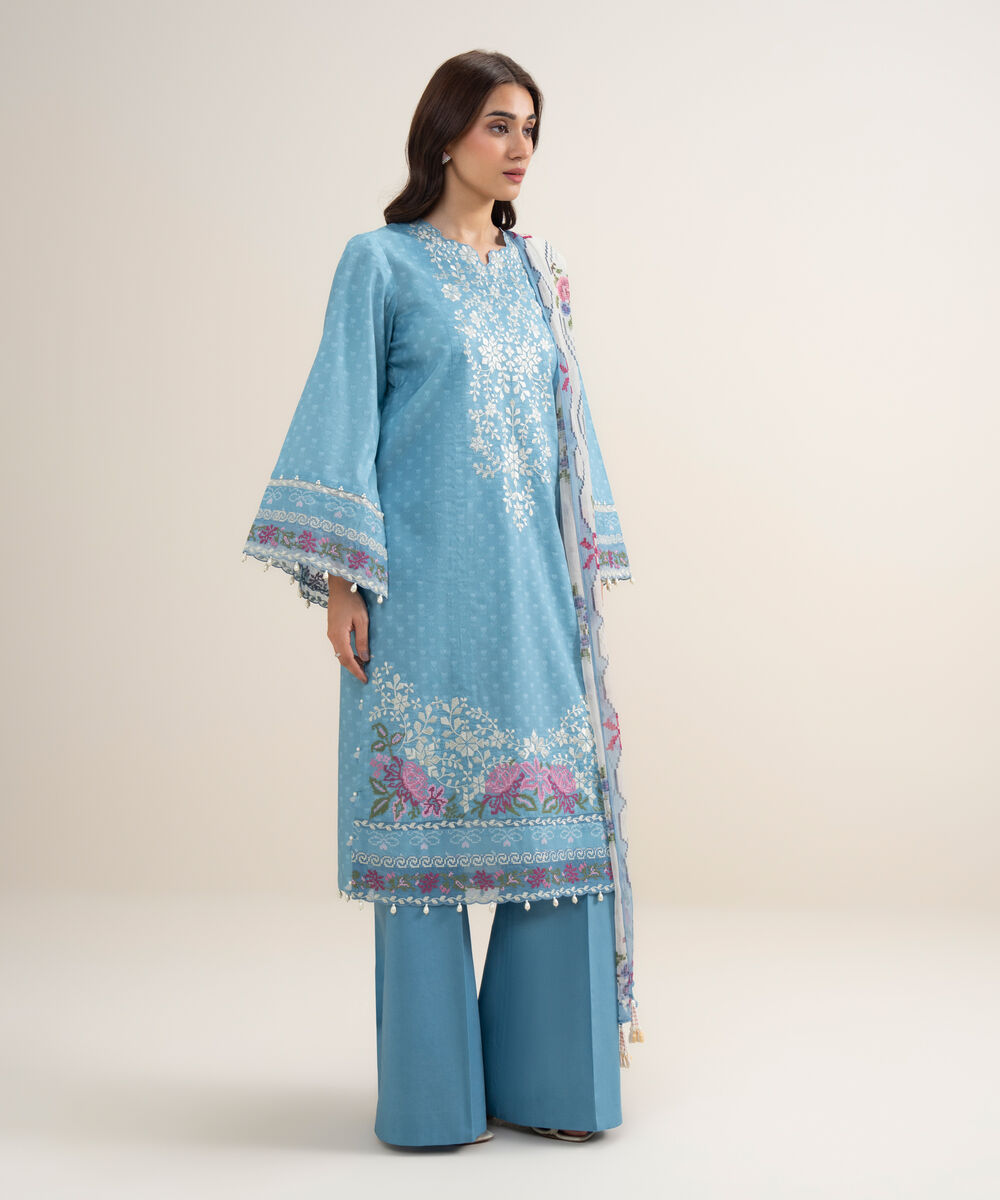 Women's Unstitched Lawn Embroidered Ice Blue 3 Piece Suit