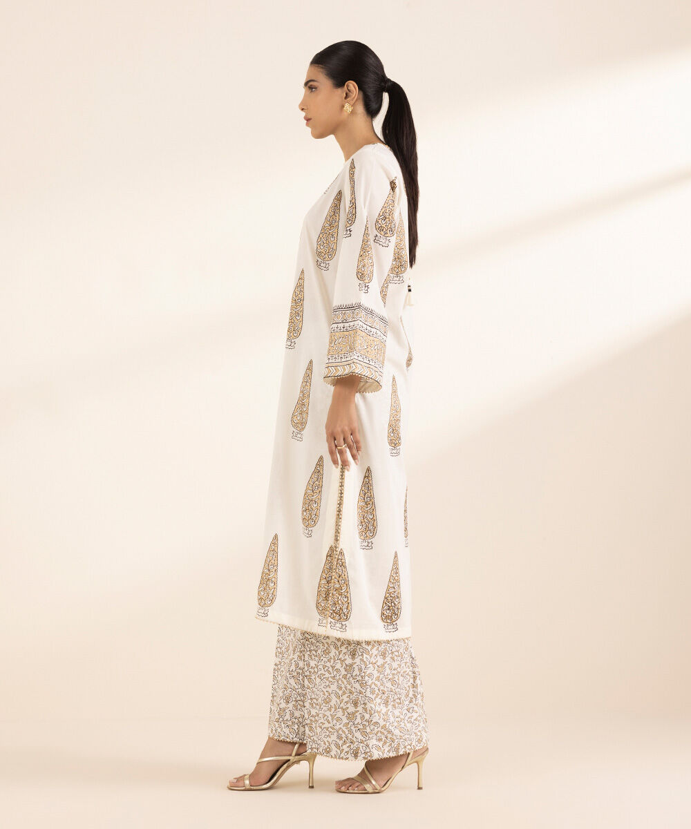 Women's RTW Lawn White Printed A-Line Shirt