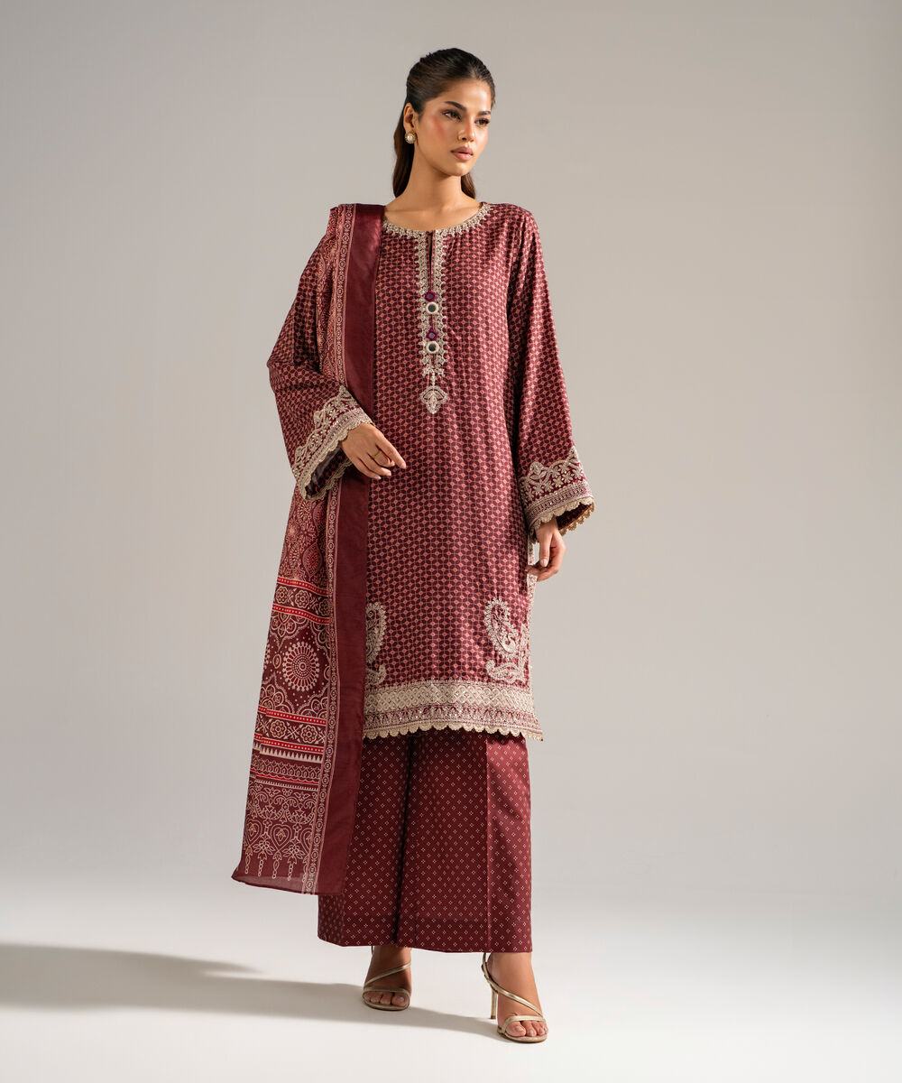 Women's RTW Arabic Dobby Embroidered Maroon 3 Piece Suit