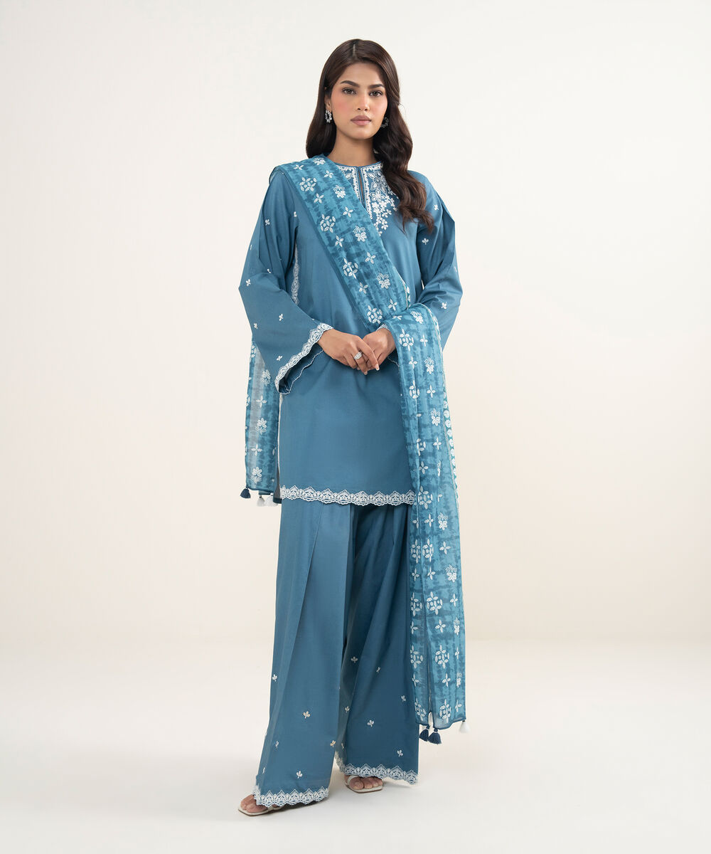 Women's Unstitched Cotton  Embroidered Bllue 3 Piece Suit