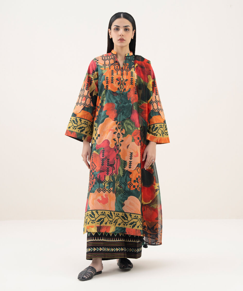 Women's Unstitched Cotton Printed Multi 2 Piece Suit