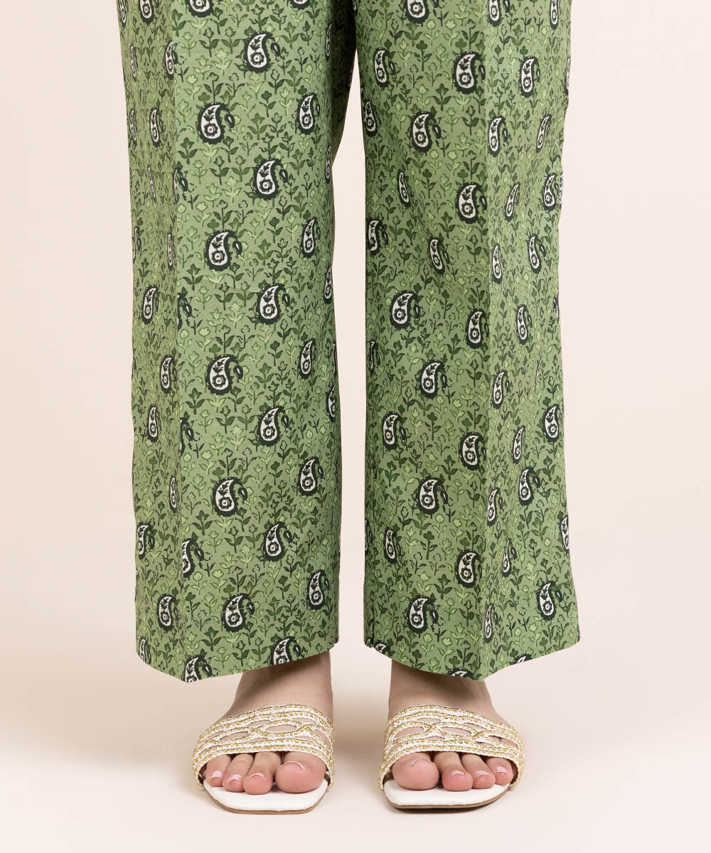 Woman - Green Printed Cambric Straight Pants