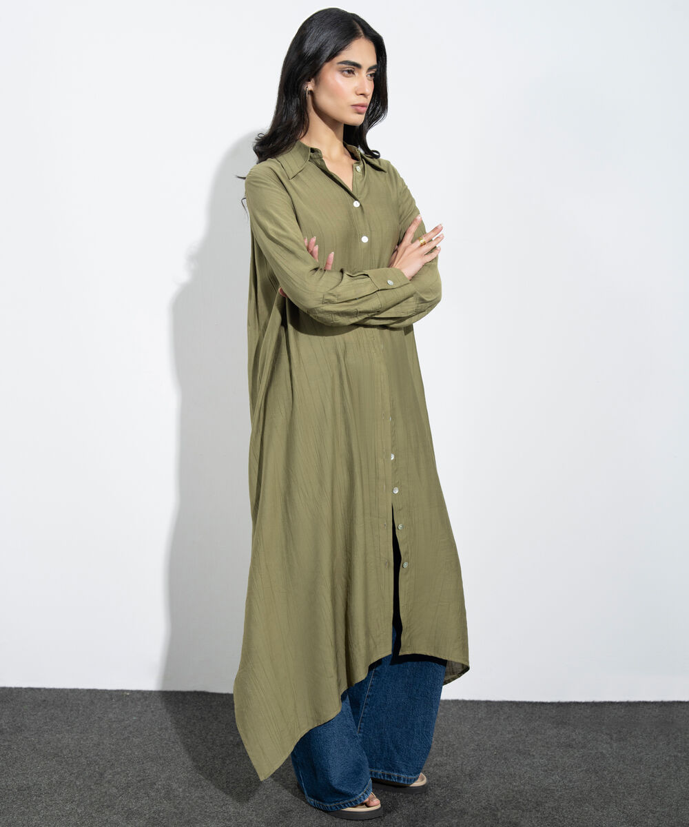 Women's Western Mustard Textured Button Through Dress