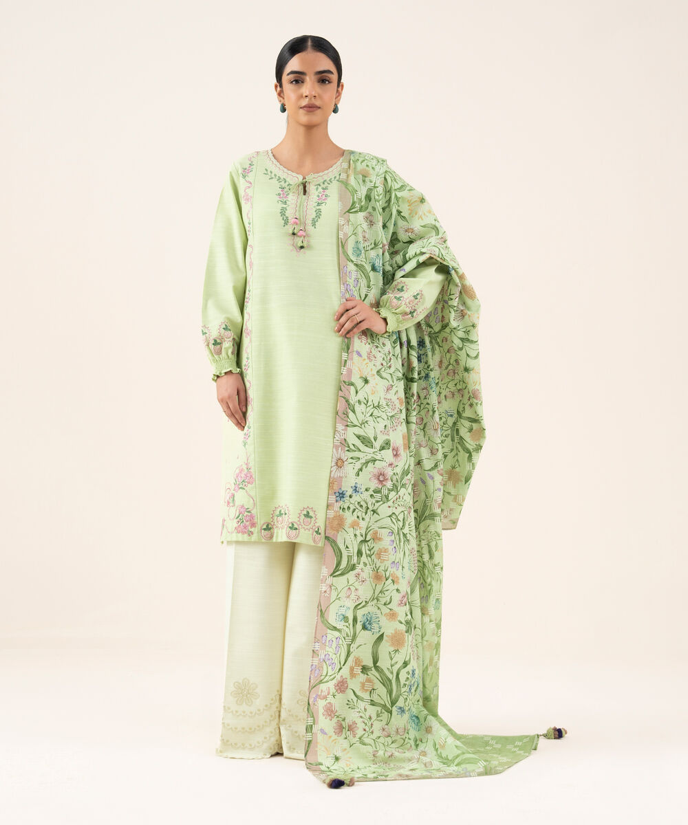 Women's Unstitched Cotton Embroidered Green 2 Piece Suit