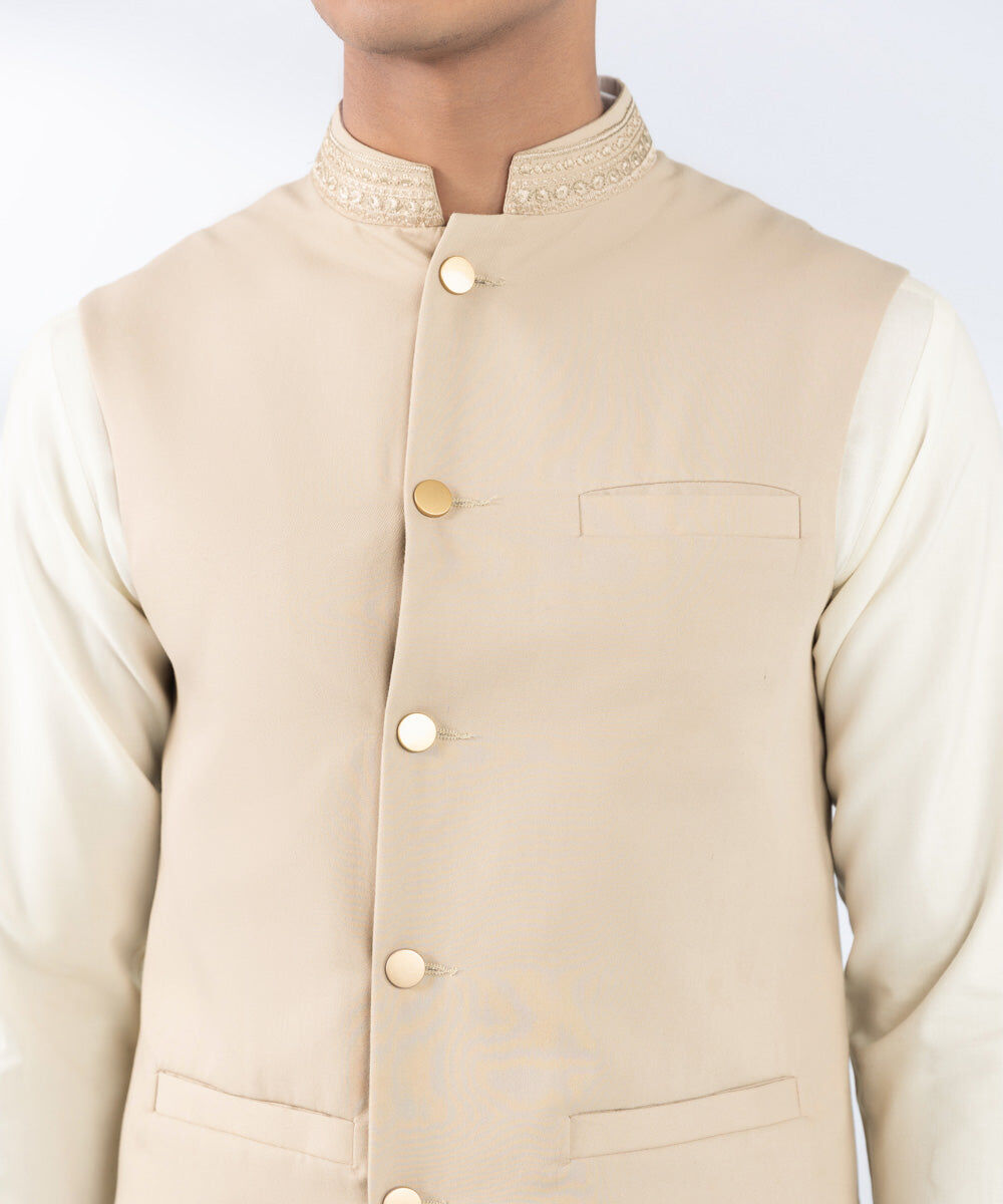 Men's Stitched Embroidered Beige Premium Wash & Wear Waistcoat