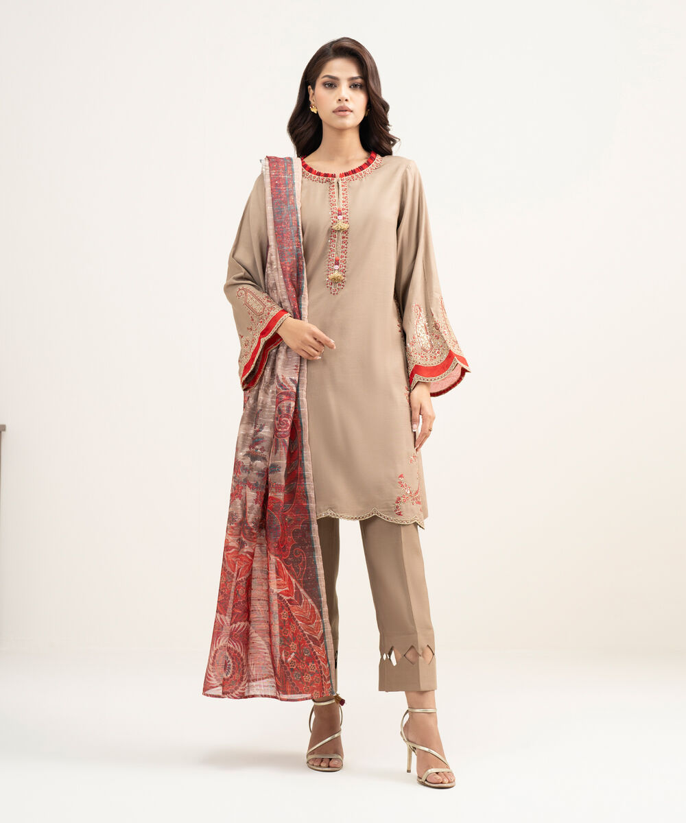 Women's RTW Viscose Raw Silk Embroidered Maroon 3 Piece Suit