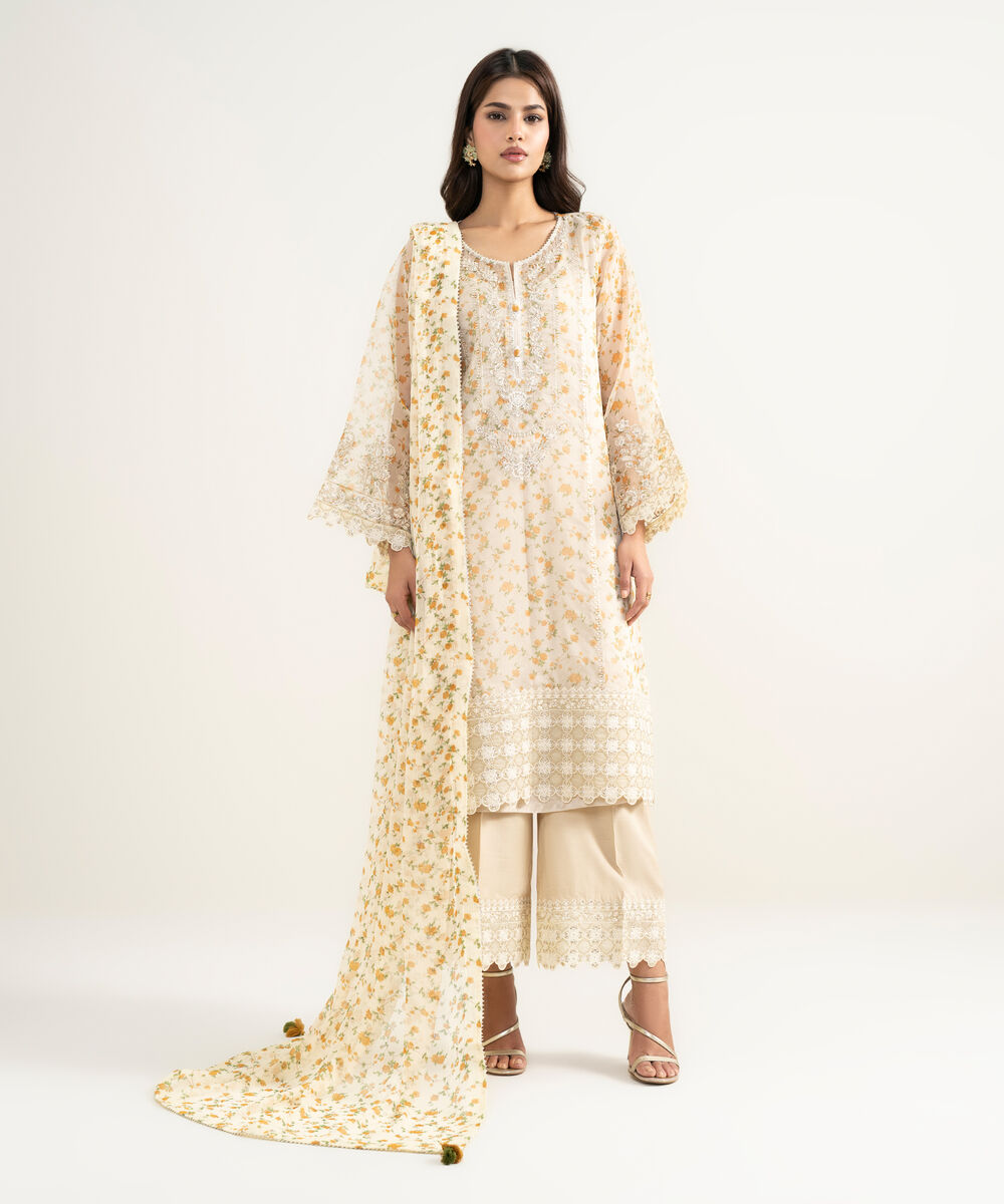 Women's RTW Blended Organza Embroidered Yellow 3 Piece Suit