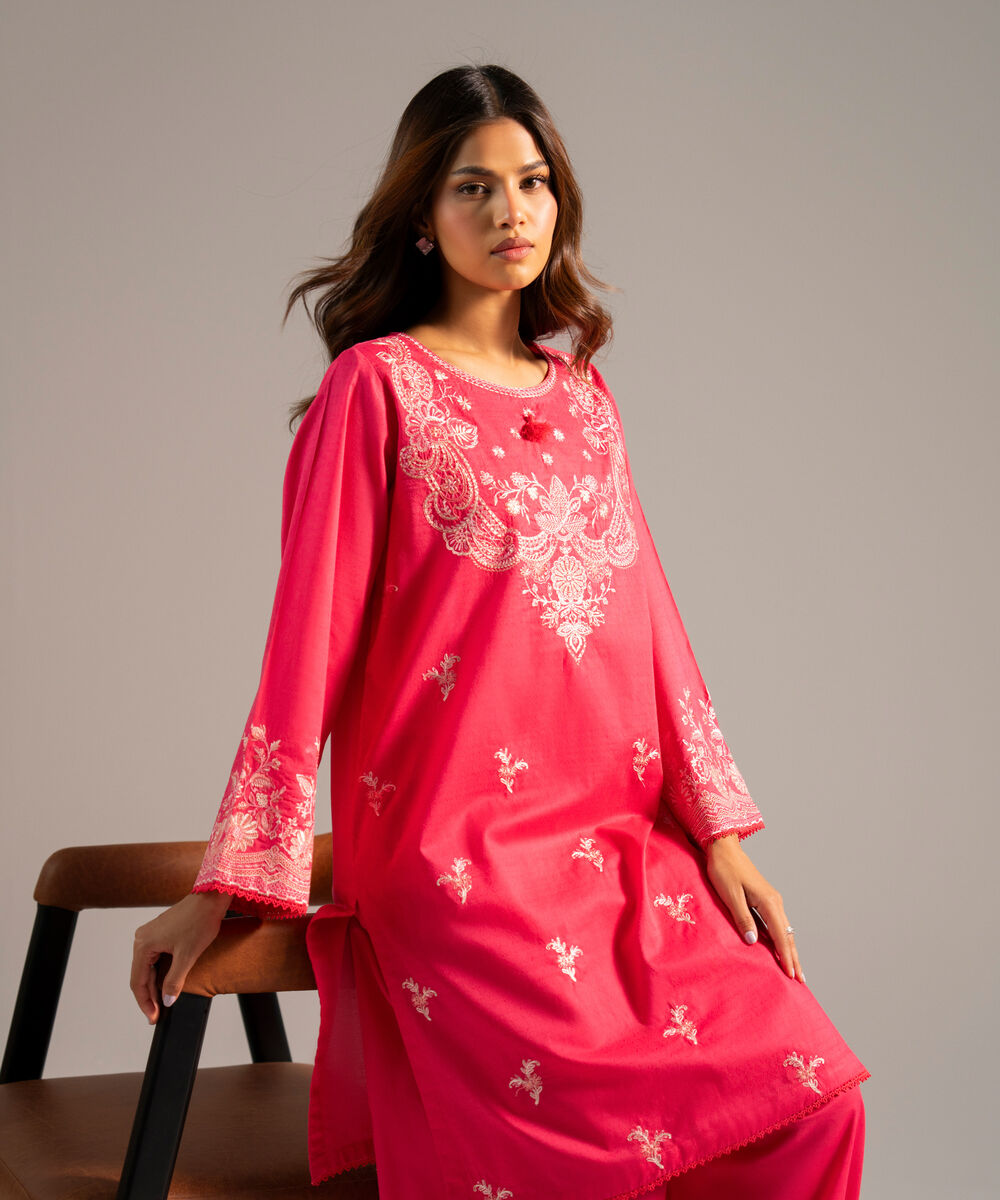 Women's RTW Dobby Embroidered Pink Straight Shirt