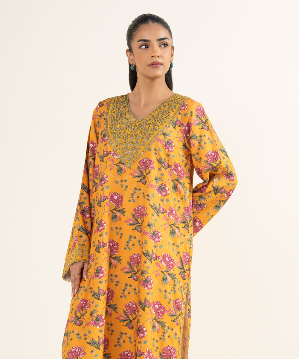 Women's RTW Light Khaddar Embroidered Orange A-Line Shirt