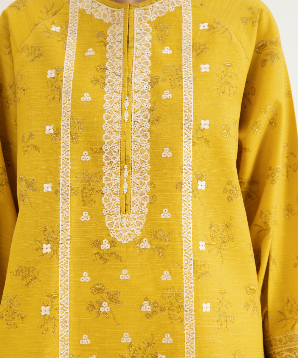 Women's Unstitched Khaddar Embroidered Yellow 2 Piece Suit