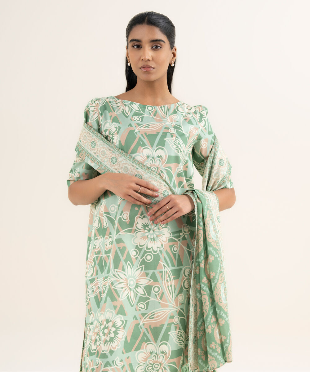 Women's Unstitched Lawn Printed Green 2 Piece Suit