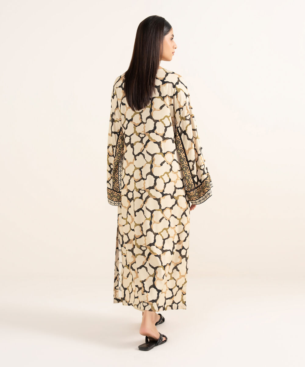 Women's RTW Arabic Lawn Beige Printed Drop Shoulder Shirt