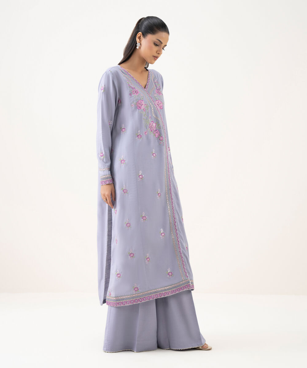 Women's RTW Cotton Viscose Purple Embroidered A-Line Shirt