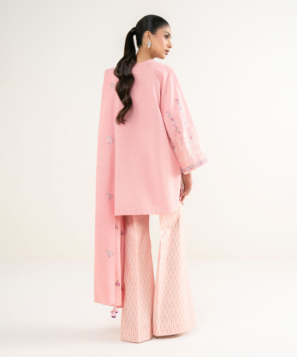 Women's Unstitched Khaddar Embroidered Pink 3 Piece Suit