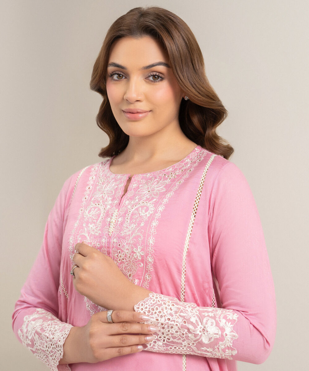 Women's RTW Self Jacquard Embroidered Pink A-Line Shirt