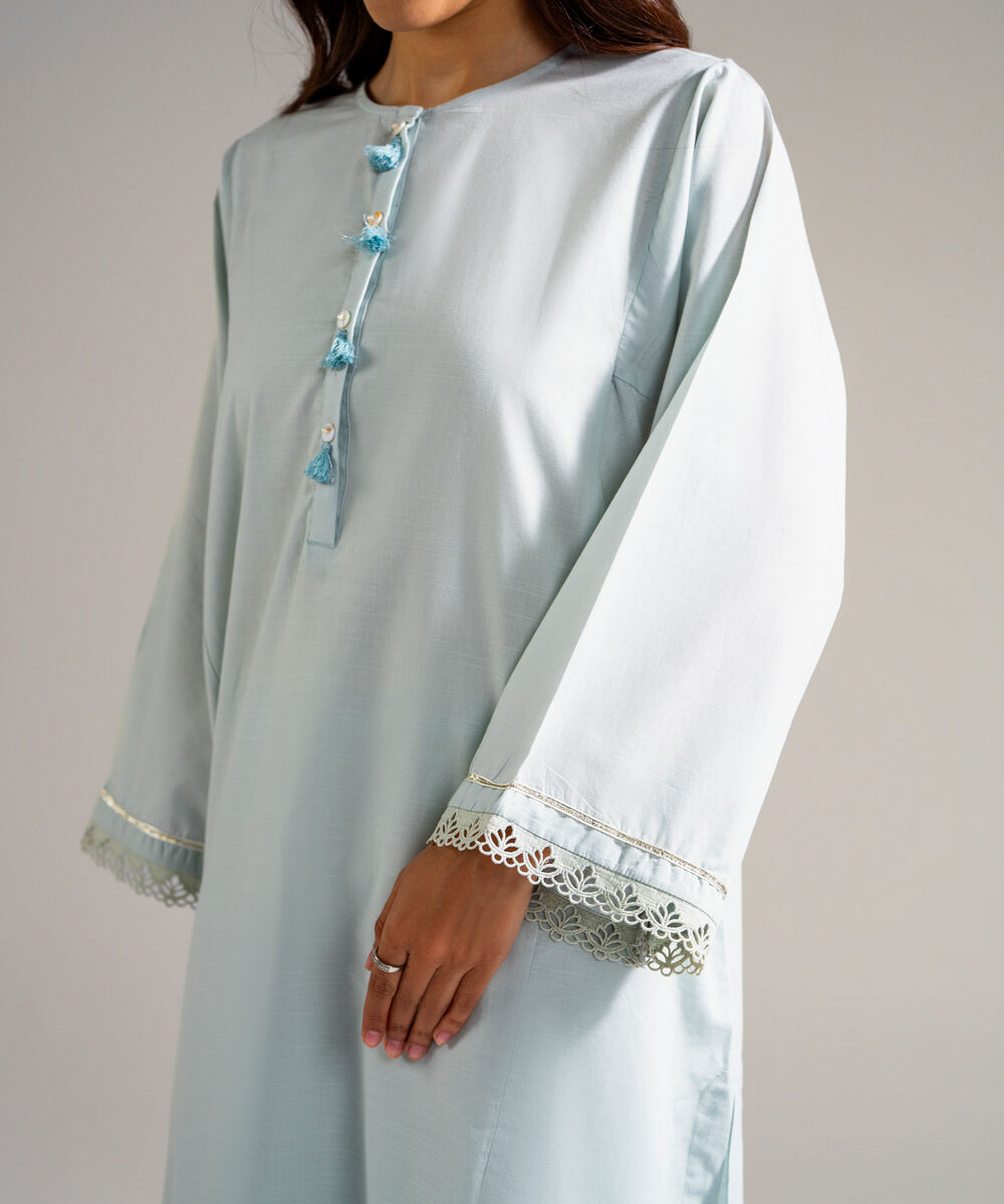 Women's RTW Slub Lawn Solid Blue 3 Piece Suit