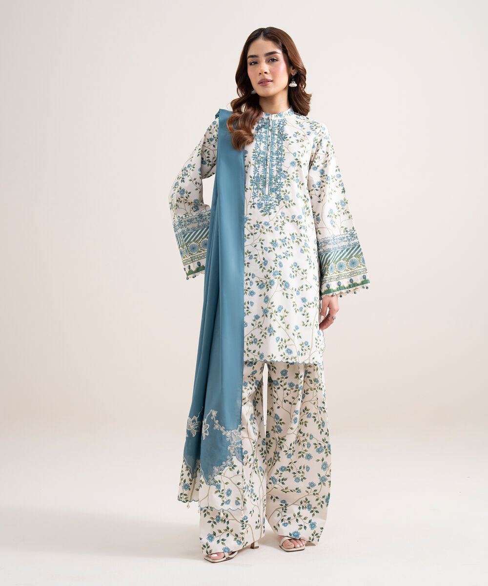 Women's Unstitched Lawn Embroidered Off White 3 Piece Suit