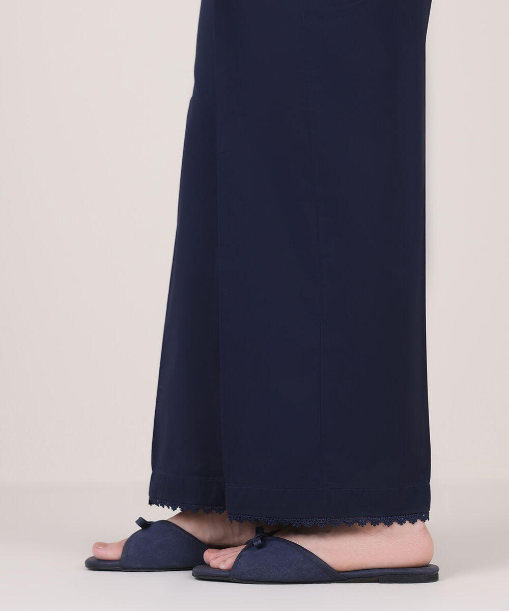 Women's RTW Cambric Blue Solid Straight Pants