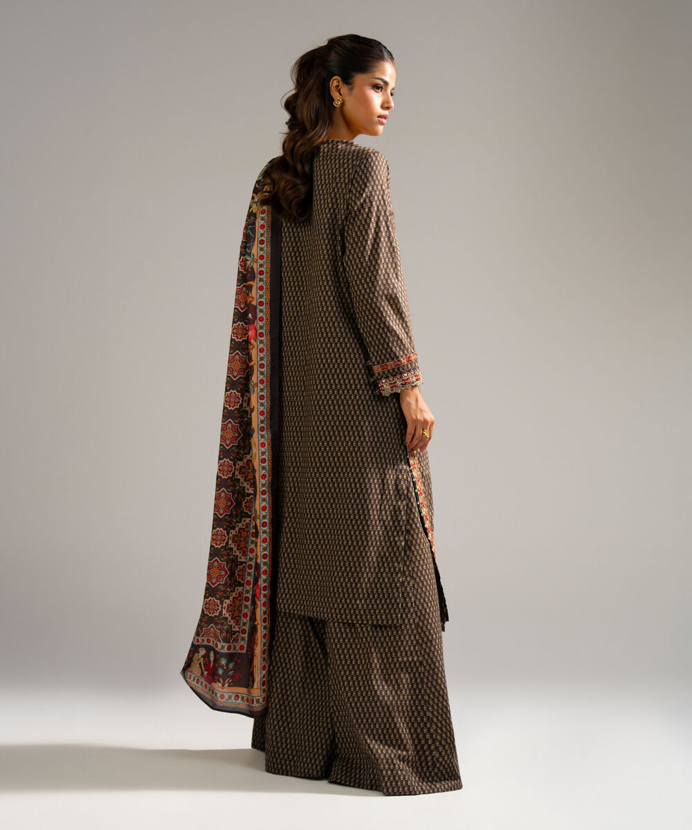 Women's RTW Dobby Embroidered Brown 3 Piece Suit