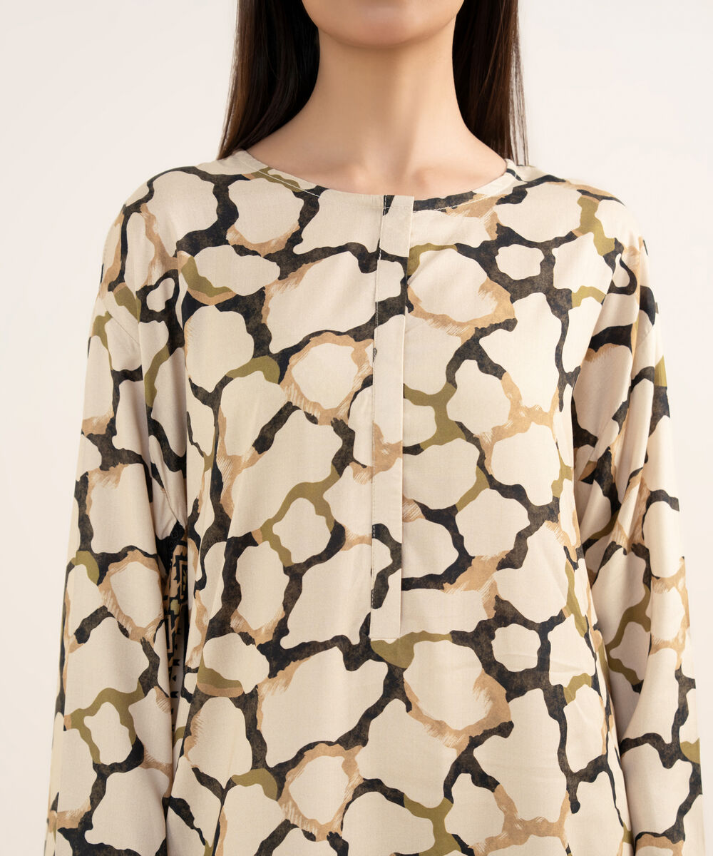 Women's RTW Arabic Lawn Beige Printed Drop Shoulder Shirt
