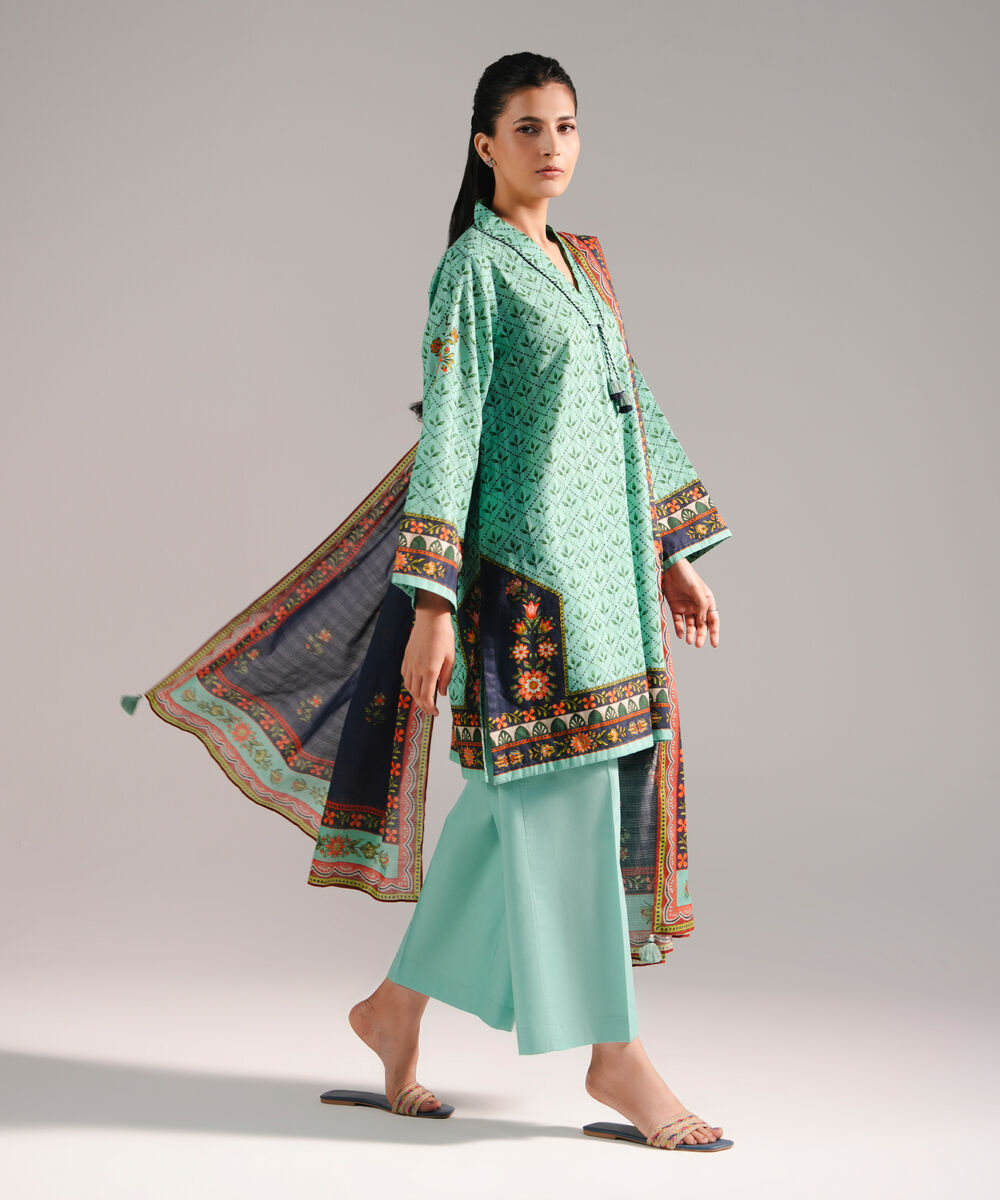 Women's RTW Leno Kara Printed Turquoise 3 Piece Suit