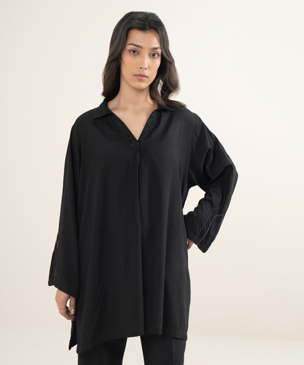 Women's RTW Arabic Lawn Solid Black Straight Shirt