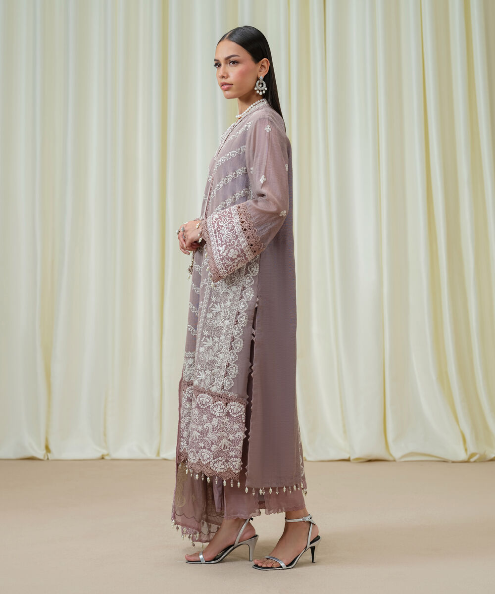 Women's Unstitched Blended Muslin Embroidered Pink 3 Piece Suit