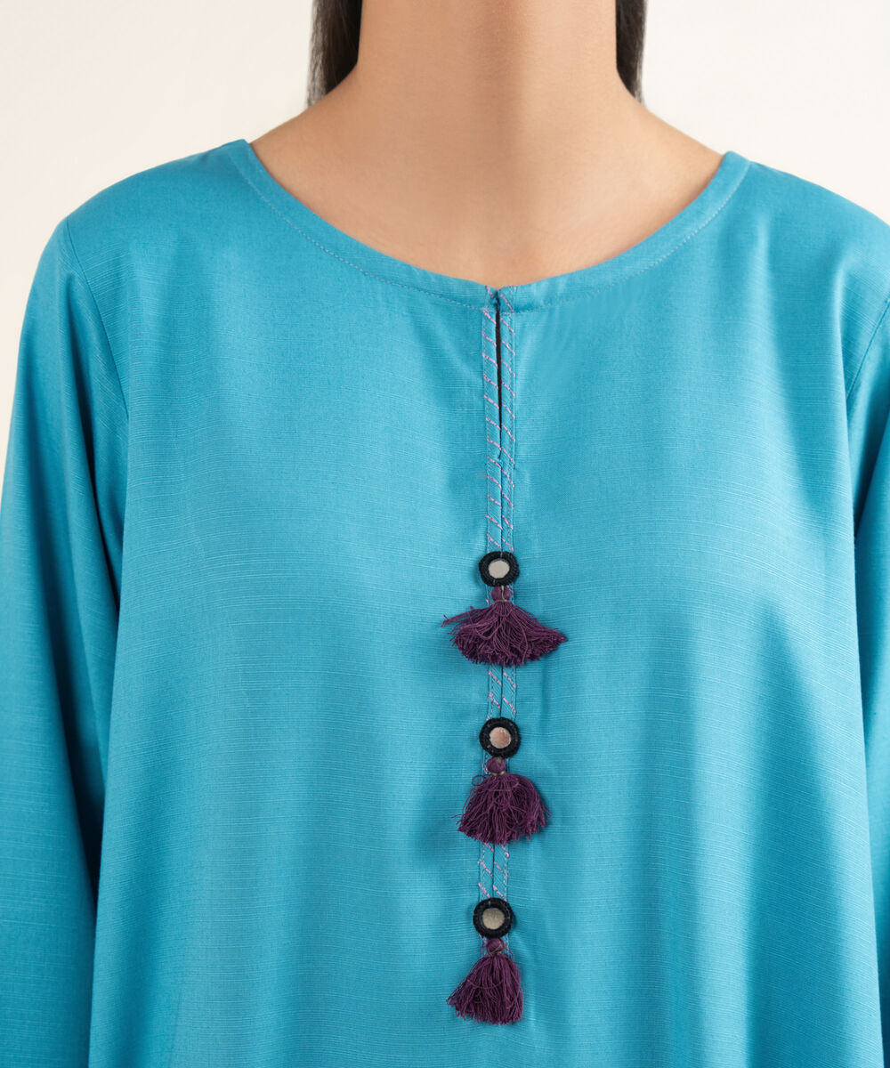 Women's RTW Herringbone Solid Blue A-Line Shirt