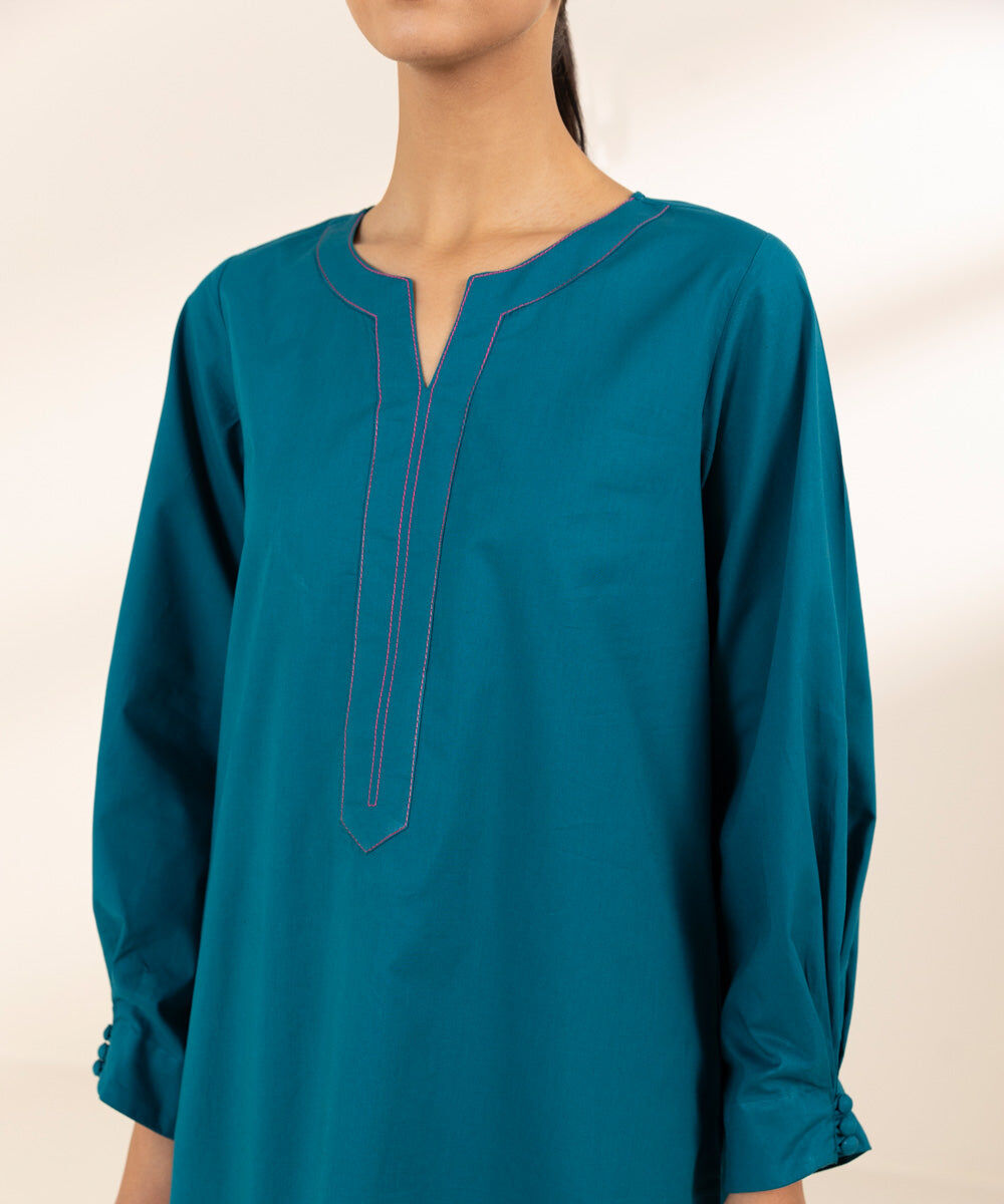 Woman - Green Solid Cambric Shirt