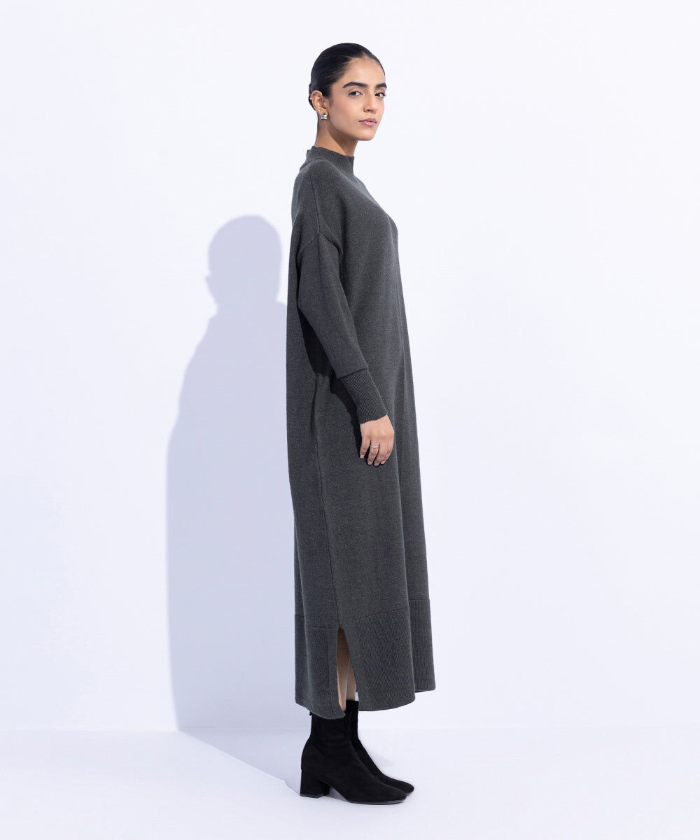 Woman - Grey Long Sweater Knit Dress