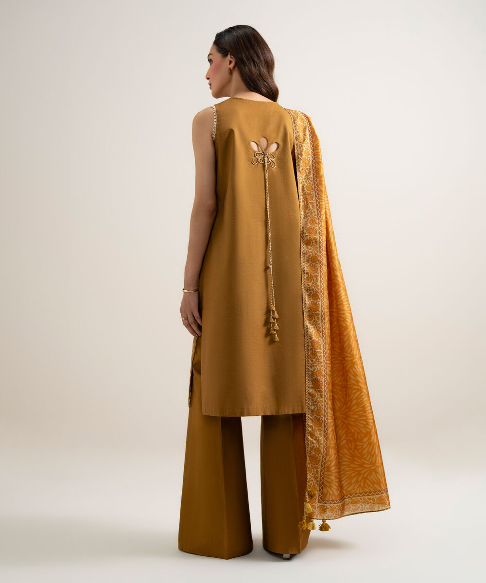 Women's Unstitched Textured Lawn Embroidered Mustard 3 Piece Suit