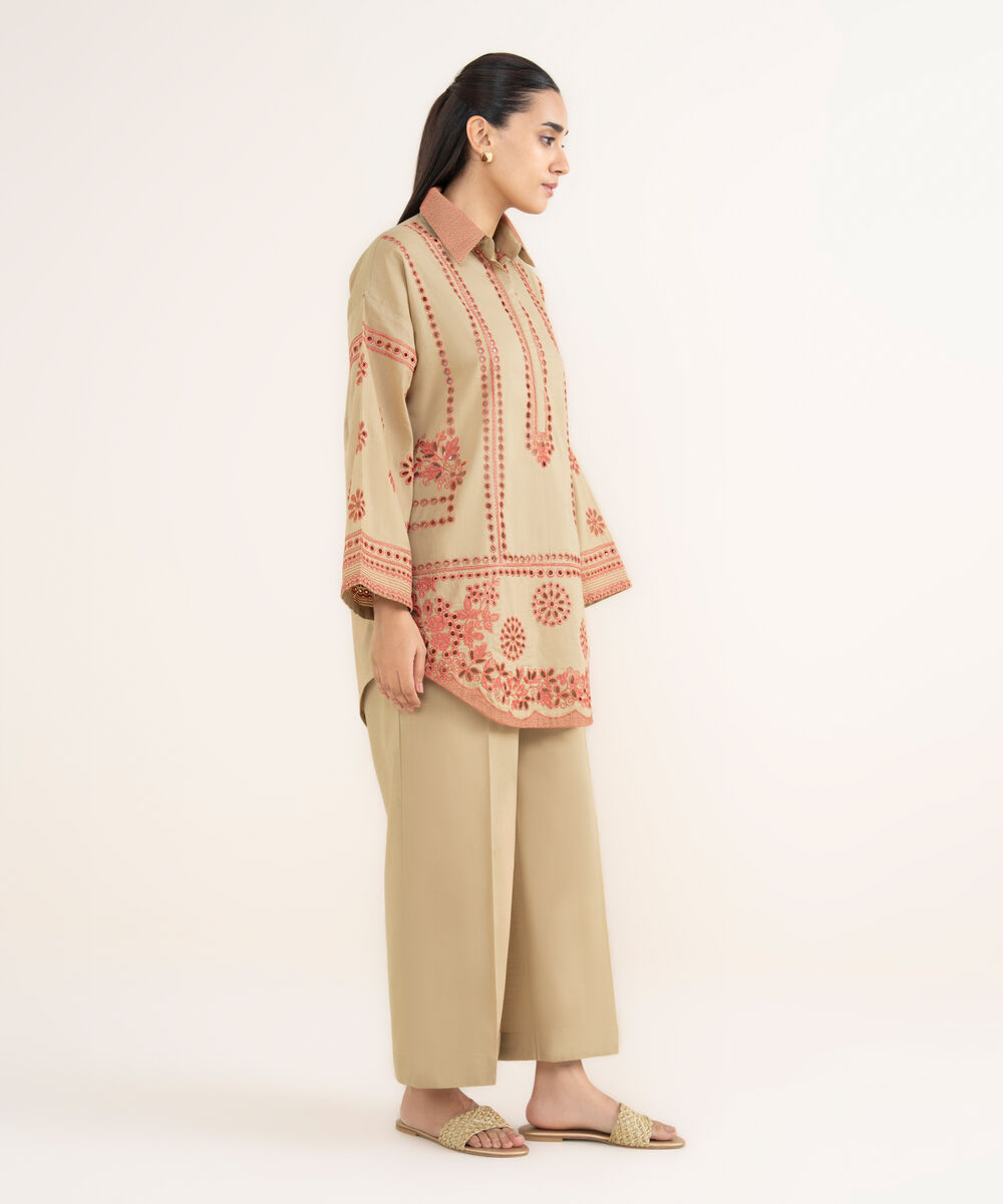 Women's RTW Cross Hatch Beige Embroidered Boxy Shirt