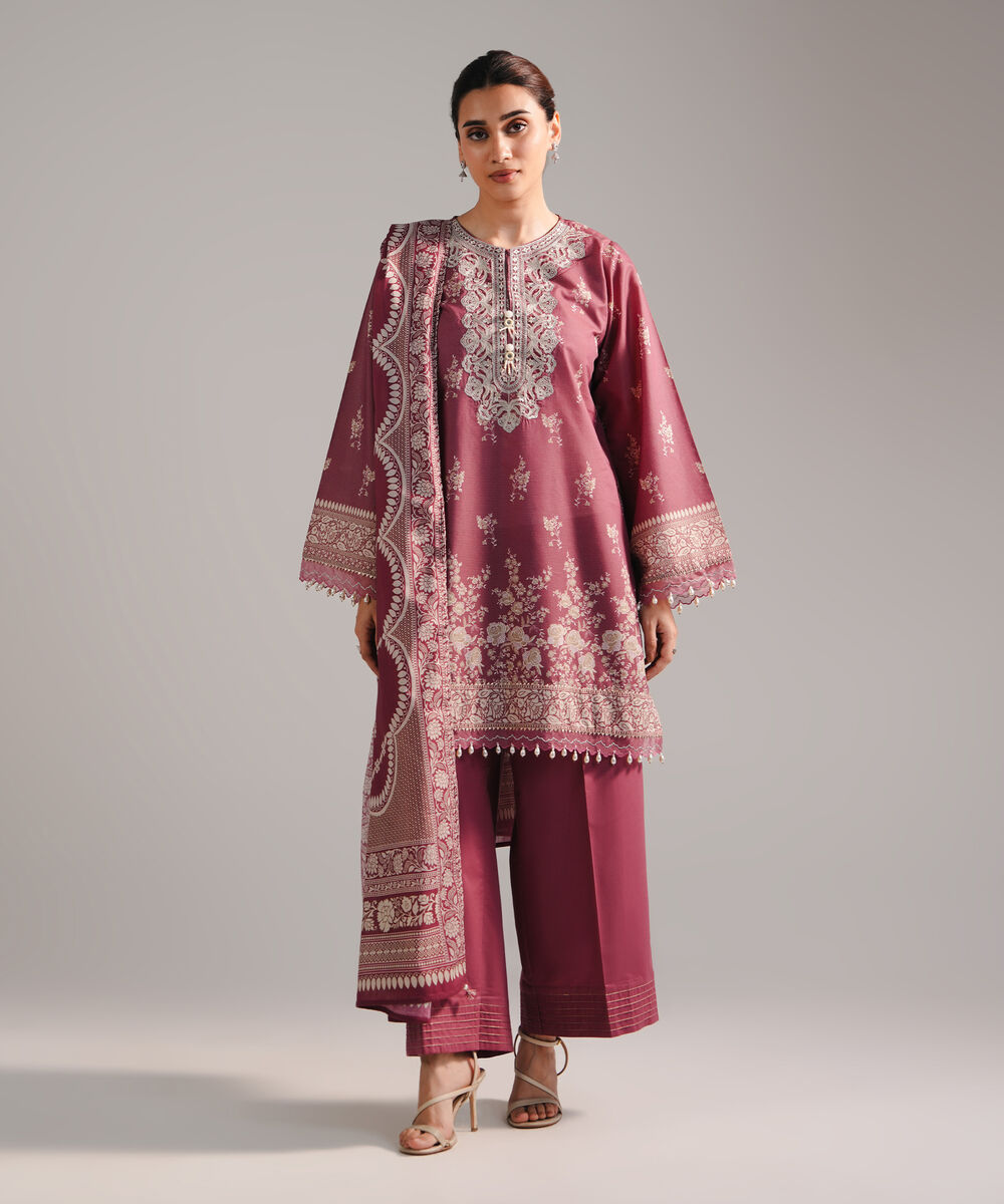 Women's RTW Zari Lawn Embroidered Pink 3 Piece Suit