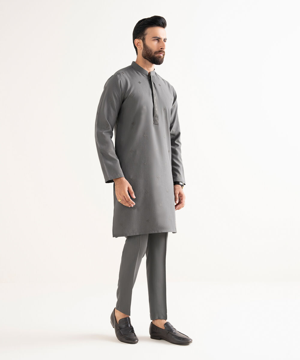 Men's Premium Wash And Wear Embroidered Charcoal Kurta Trouser