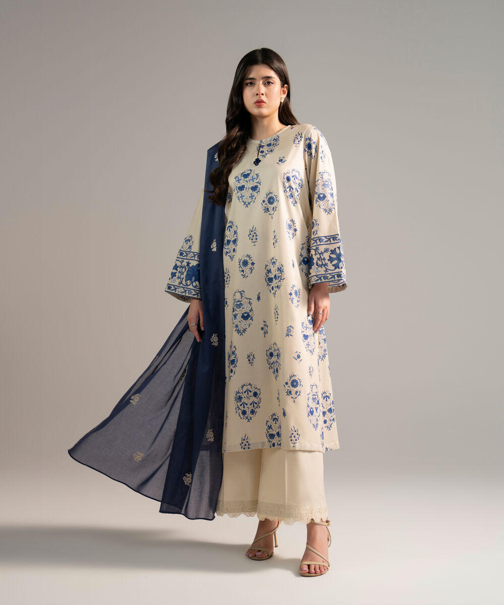 Women's RTW Pima Cotton Printed Off White 3 Piece Suit