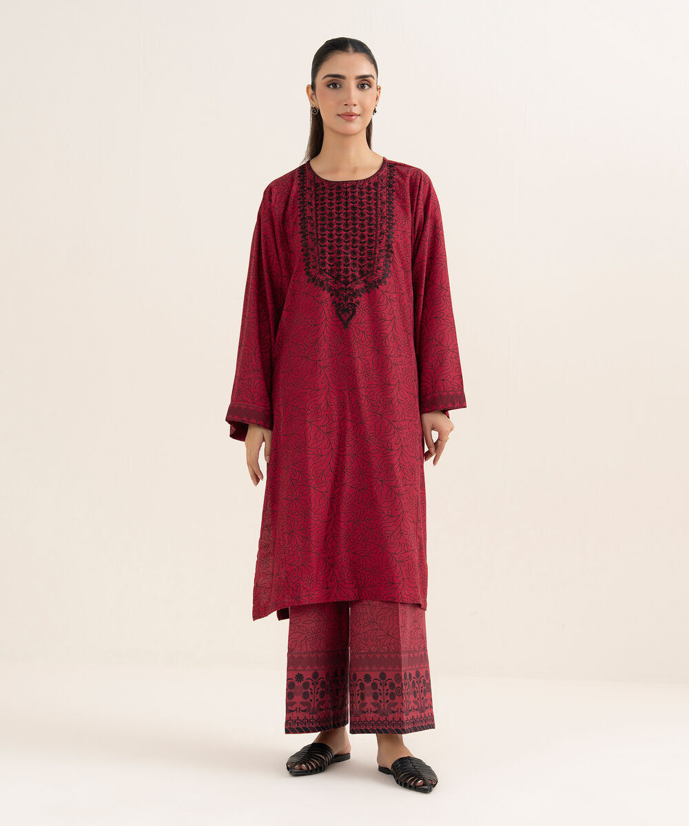 Women's RTW Herringbone Embroidered Red A-Line Shirt