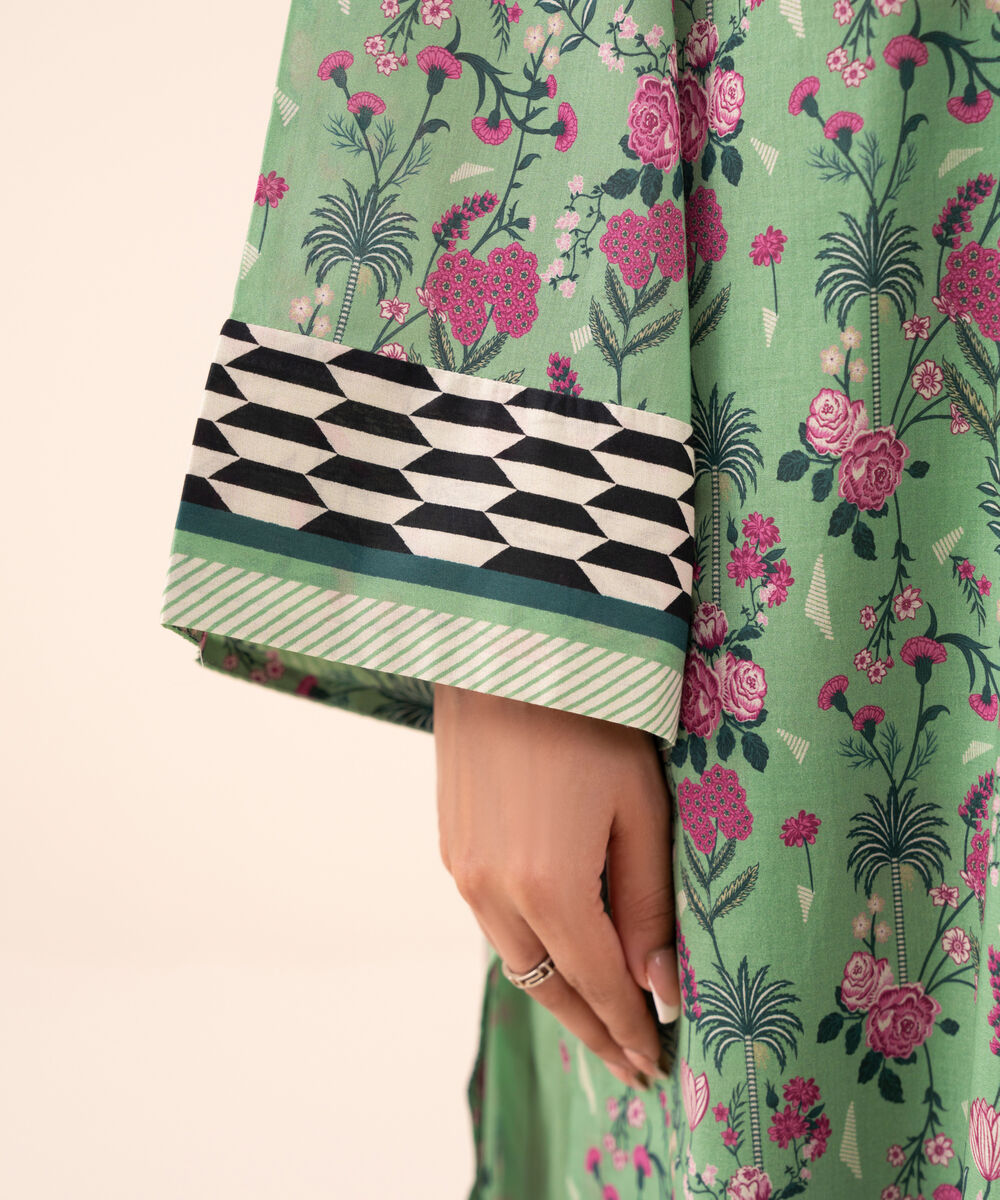 Women's Unstitched Cotton Printed Green Three Piece Suit