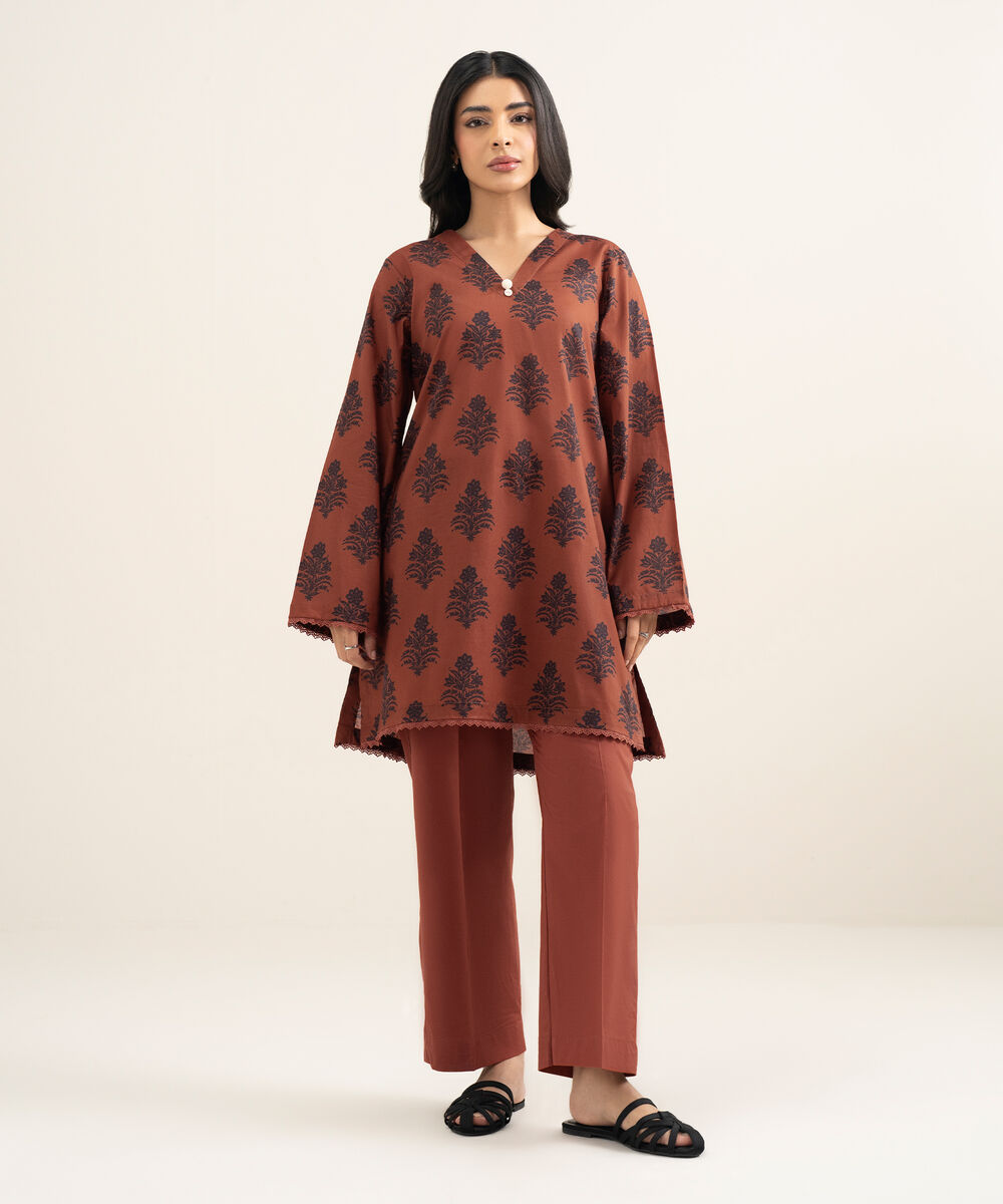 Women's RTW Lawn Printed Brown Straight Shirt